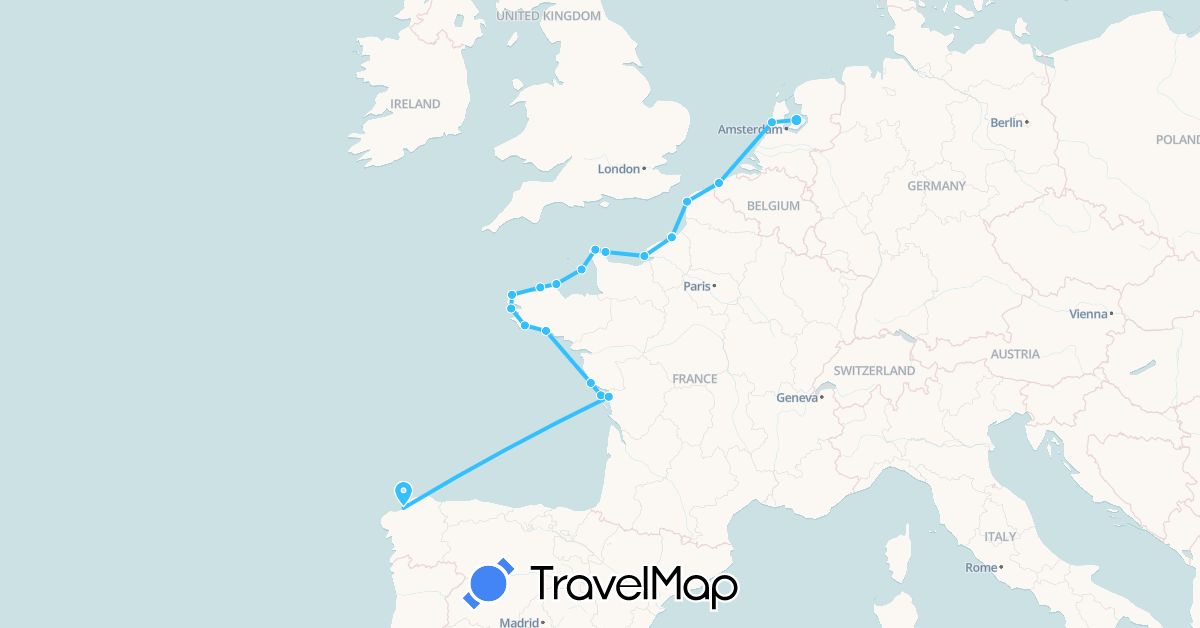 TravelMap itinerary: driving, boat in Belgium, Spain, France, Jersey, Netherlands (Europe)